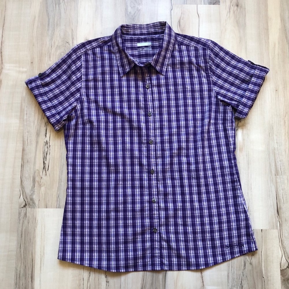 Marmot Women's Large Purple Plaid Hiking Shirt Short Sleeve Button Up Outdoor